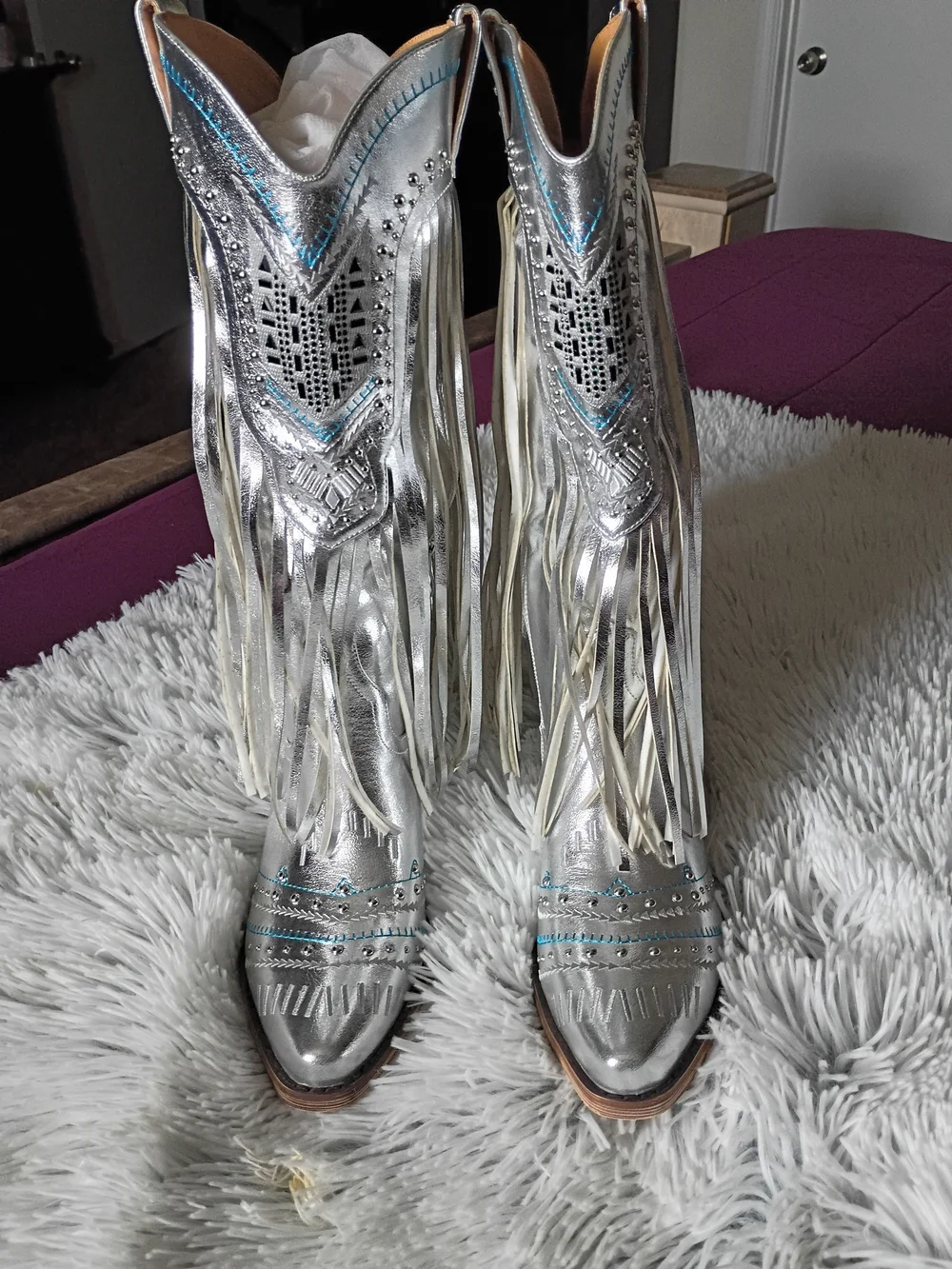 Silver Fringe Western Boots with Turquoise Accents